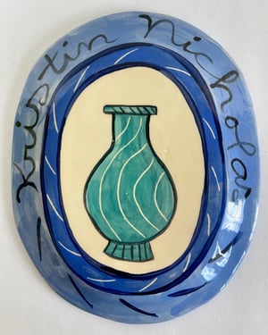 Image of 169 Small/Medium Platter with Blue Border, Bird Vase + Tulips
