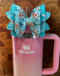 Image 2 of Pastel Floral Glam Tumbler Straw Topper Bow – Teal & Pink Designer-Inspired Cup Accessory