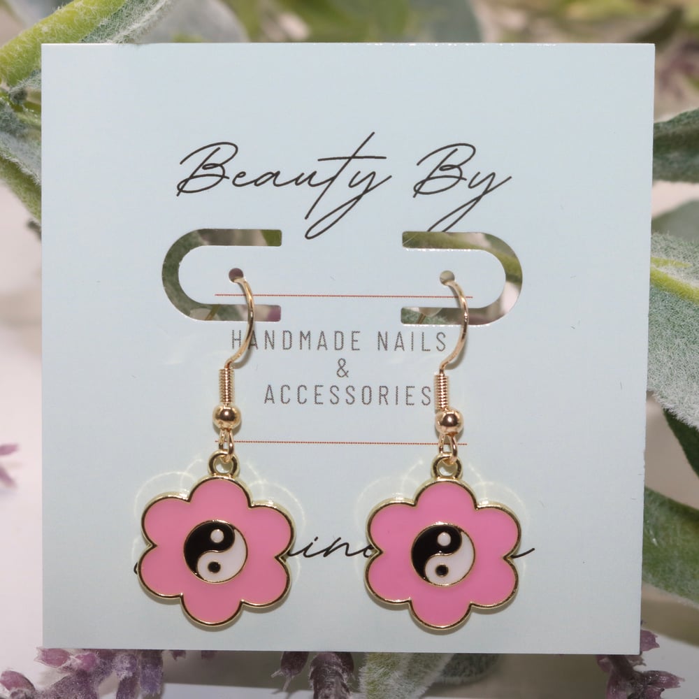 Image of Yin Yang Flower Pink Drop Earrings