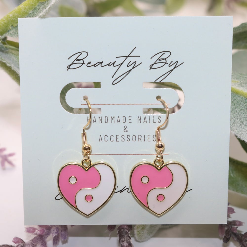 Image of Yin Yang Heart Pink Drop Earrings