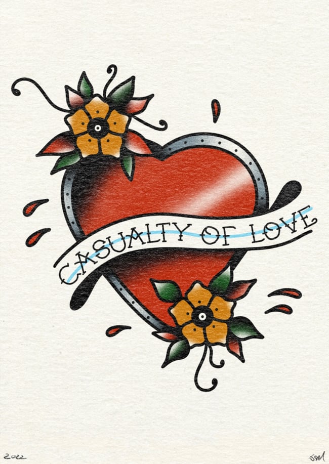 Casualty of love traditional heart tattoo A5 print | Crematoria Clothing UK