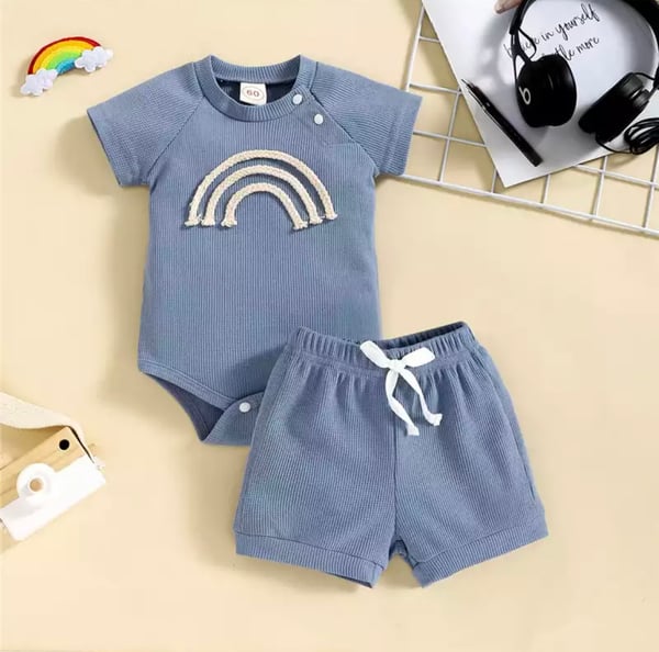 Image of Summer Newborn Baby Boy Girls Casual Outfits Rainbow Print Plaid Knitted Short Sleeve Rompers+Shorts