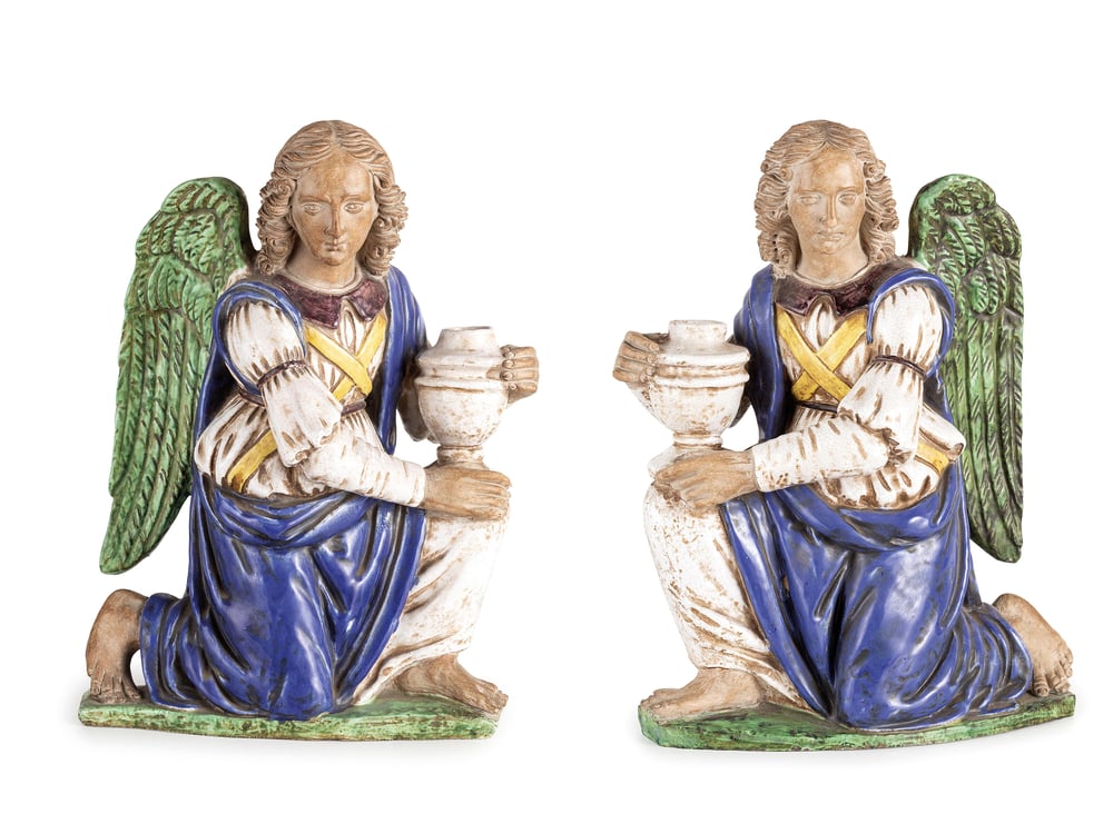 Image of A pair of glazed terracotta torchère-bearing angels after Benedetto Buglioni