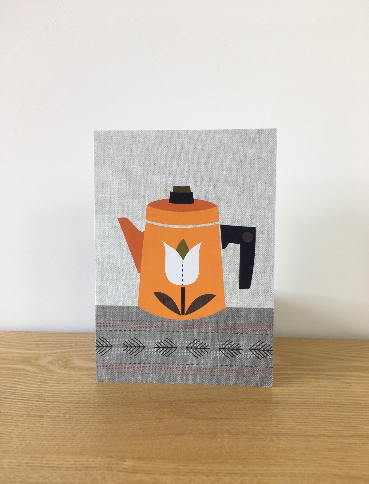  Coffee Pot Cards - Heart Enamel, Vermilion Lid, Orange Tulip, Turq. Herringbone & Totem 