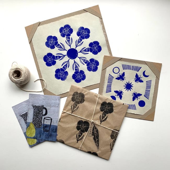 blue bees blue moon - original block print