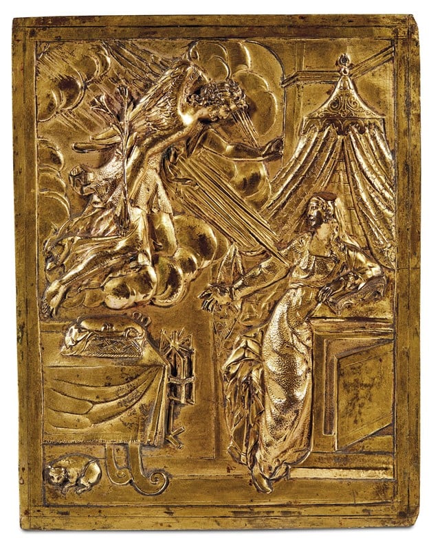 Image of Very fine 16th century gilt bronze relief plaque of the Annunciation