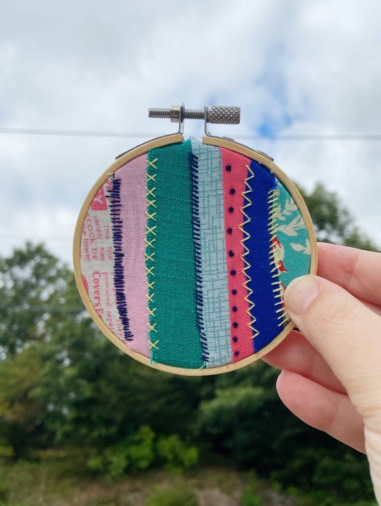 Betty - Fabric collage, 3 inch embroidery hoop