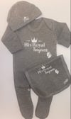 HIS / HER ROYAL TINYNESS ROMPER, HAT & BIB SET 