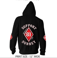 Image of BRM 81 SUPPORT SURREY ENGLAND BLACK ZIPPED HOOD Dimond Design including on the sleeves
