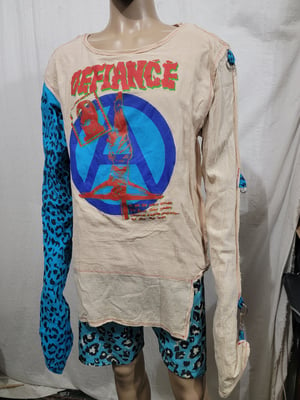 Image of Defiance crucified anarchy bondage shirt with blue leopard sleeve size Large