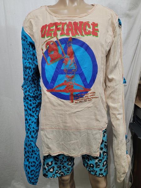 Image of Defiance crucified anarchy bondage shirt with blue leopard sleeve size Large