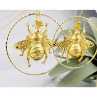 Image 1 of Gold Hoop Bee Earrings - Save the Bees - Amber Earrings