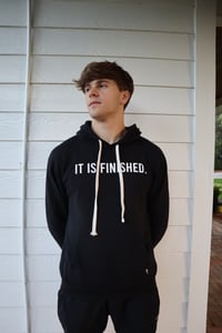 Image 1 of Tetelestai Black Hoodie with Raised White Lettering