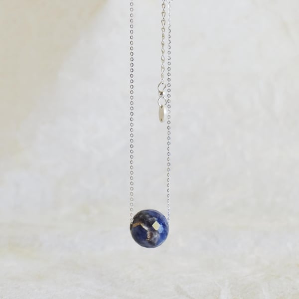 Image of 'Mercury' Light Blue Sapphire faceted sphere x silver chain necklace