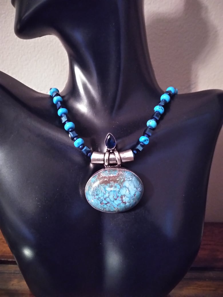 Image of TURQUOISE PENDANT W/BLUE TOPAZ AND SWAROVSKI CUBE BEADS