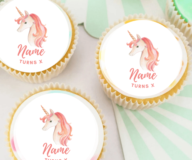 PERSONALISED Pre Cut Unicorn Theme Birthday Edible Cupcake or Cookie Topper