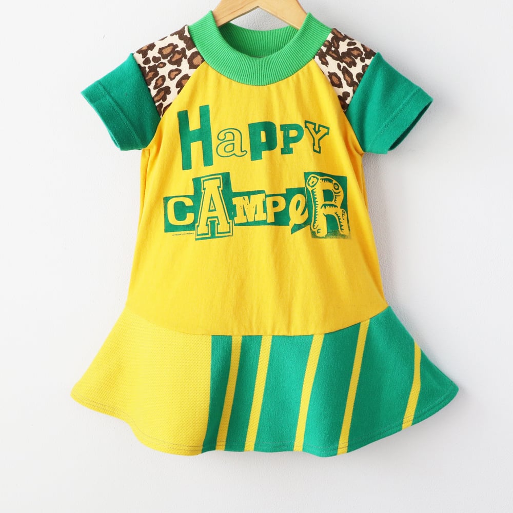 Image of happy camper green gold yellow leopard stripe fun camp 2T short sleeve twirl dress COURTNEYCOURTNEY