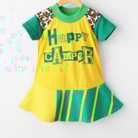 Image 1 of happy camper green gold yellow leopard stripe fun camp 2T short sleeve twirl dress COURTNEYCOURTNEY
