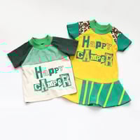 Image 2 of happy camper green gold yellow leopard stripe fun camp 2T short sleeve twirl dress COURTNEYCOURTNEY