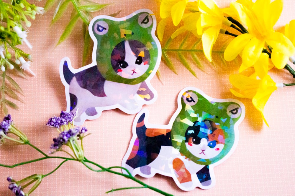 Image of Froggy Cat Meme Holographic Vinyl Sticker Decal Tabby Calico Cat