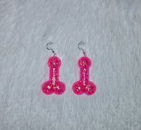 Image 2 of Neon Pink Glitter Penis Earrings