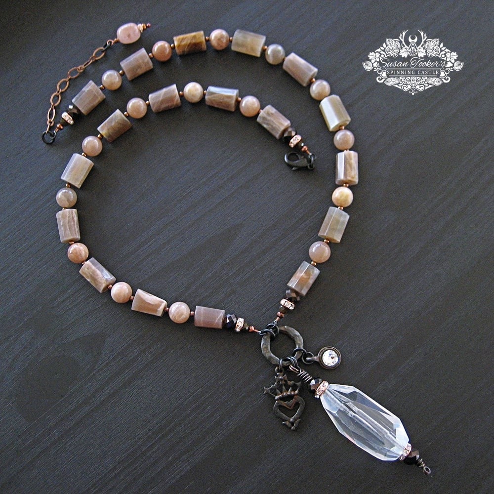 Image of MOON SOUL - Peach Moonstone Quartz Crystal Amulet Necklace Boho Pagan Witch Jewelry