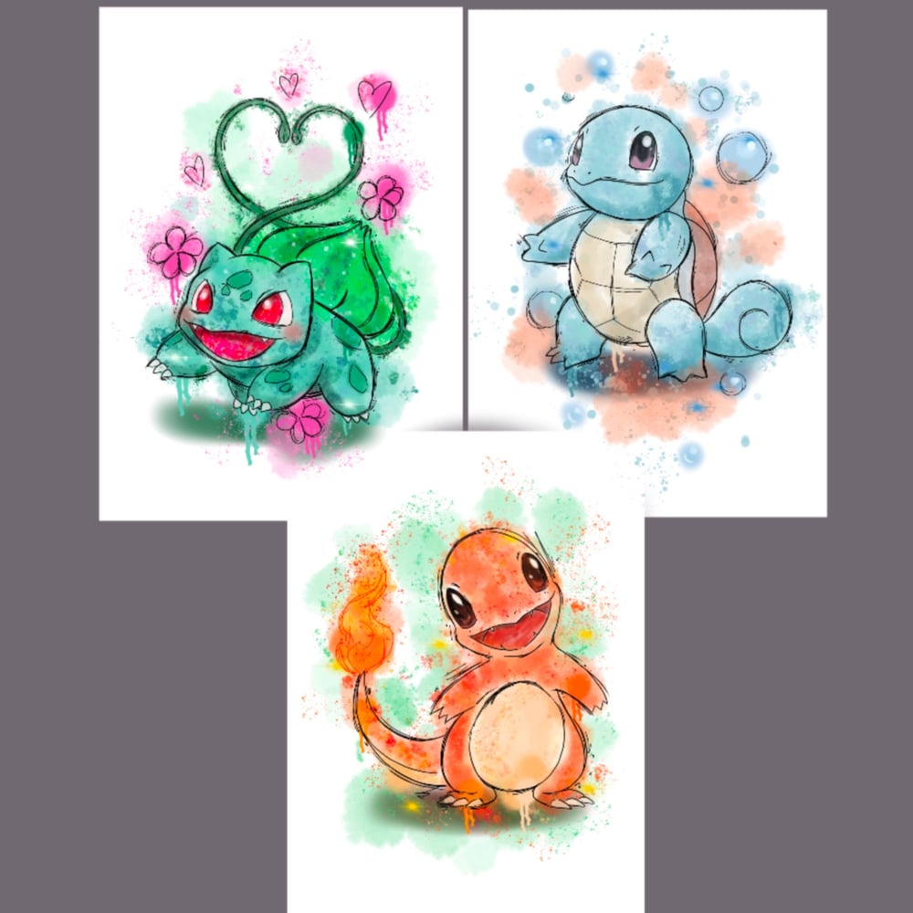 Set of 3 Watercolour Pokemon Prints. A4. Kids room decor. Pokemon