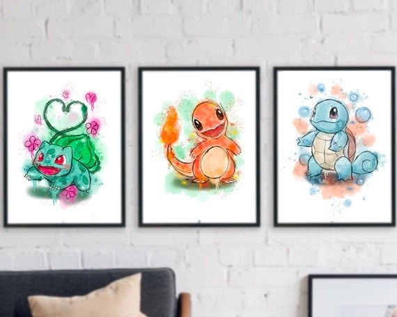 Set of 3 Watercolour Pokemon Prints. A4. Kids room decor. Pokemon fan art