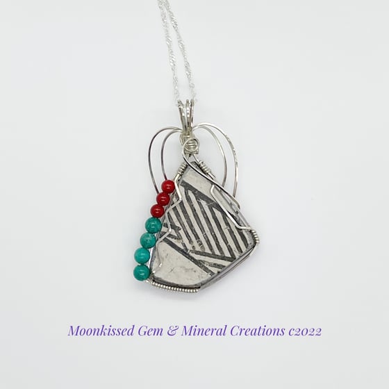 Image of Anasazi Pottery Sherd with Coral and Turquoise Sterling Silver Pendant