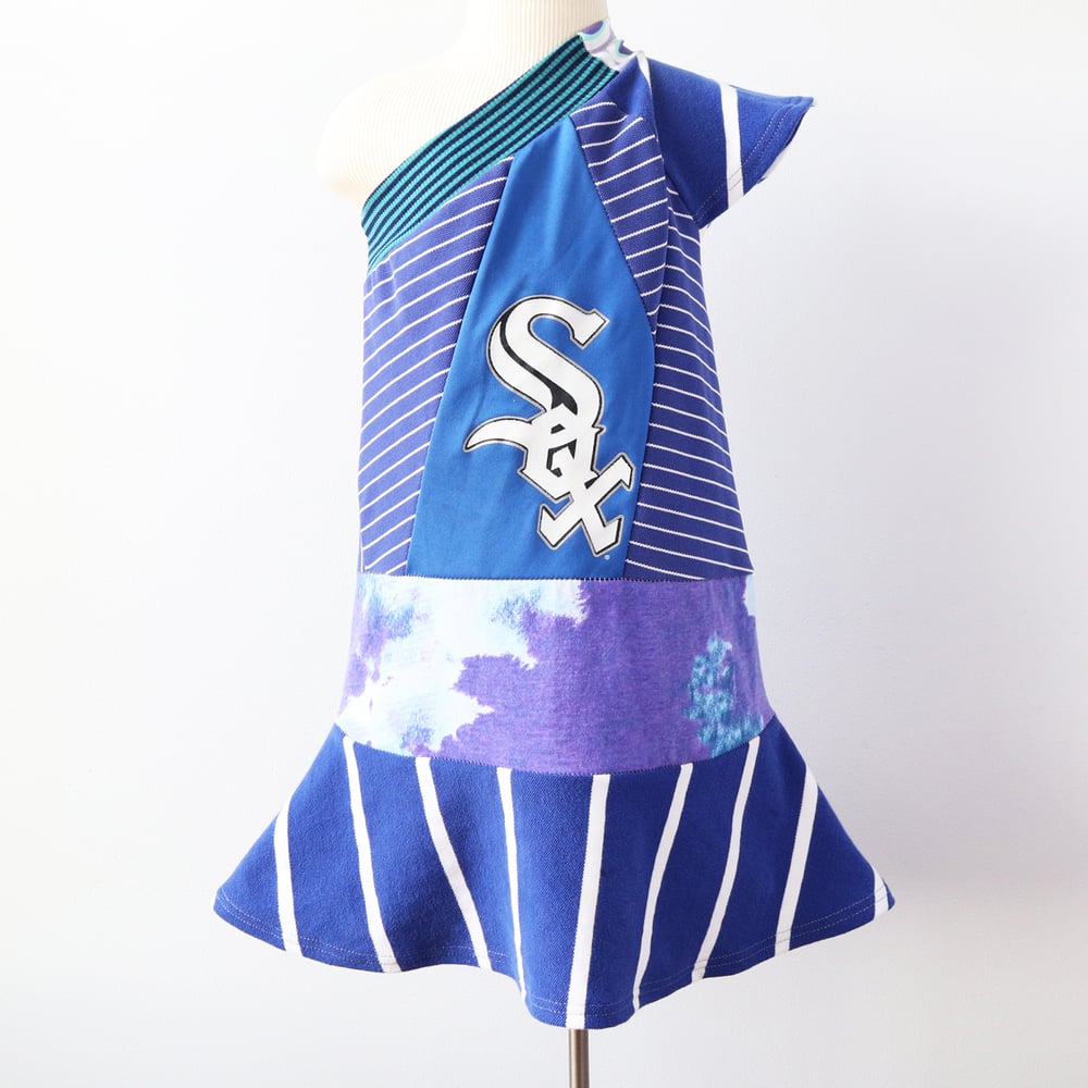 Image of sox superstripe dyed blue purple 3T 4T 3/4 one shoulder asymmetrical flutter courtneycourtney dress