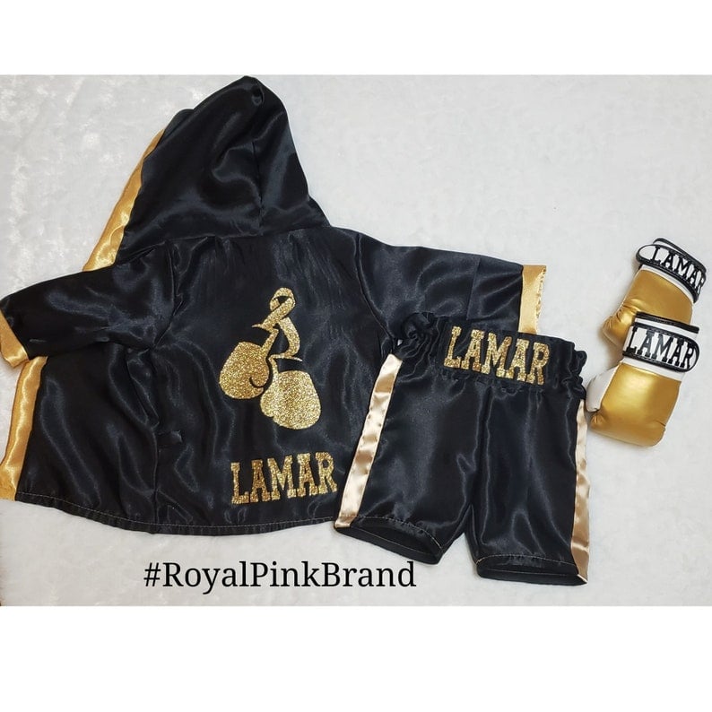 K1-CUSTOM Made Satin Baby BOXING Robe Trunk Set Boxing Outfit Personalized  Baby Boxer Outfit Boxer Costume Little Fighter Boxing Trunks 