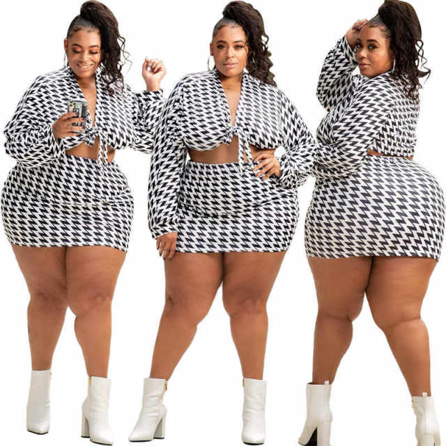 Plus Size Women Clothing Two Piece Set Sexy White Crop Top And