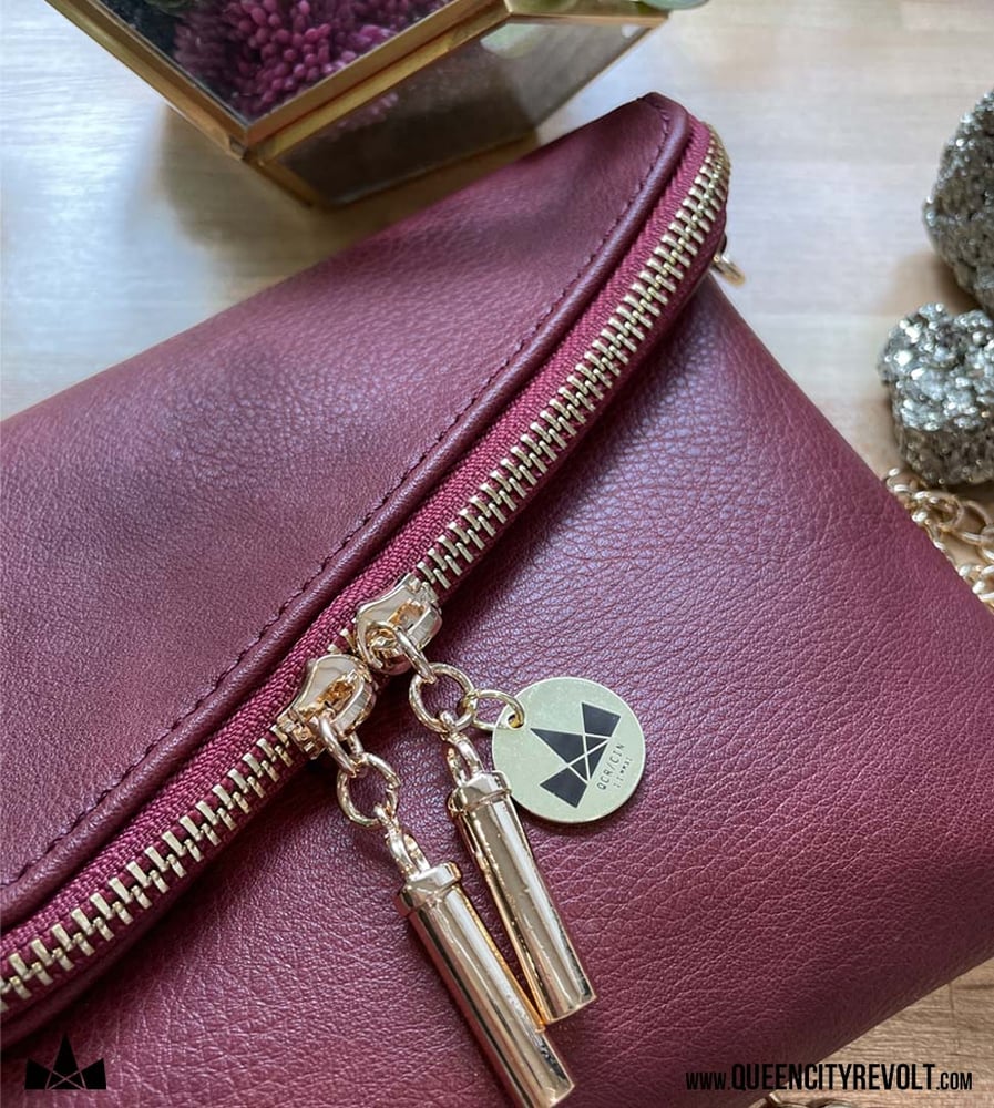 Image of Faux Leather Wristlet with Crossbody Chain Option, Burgundy