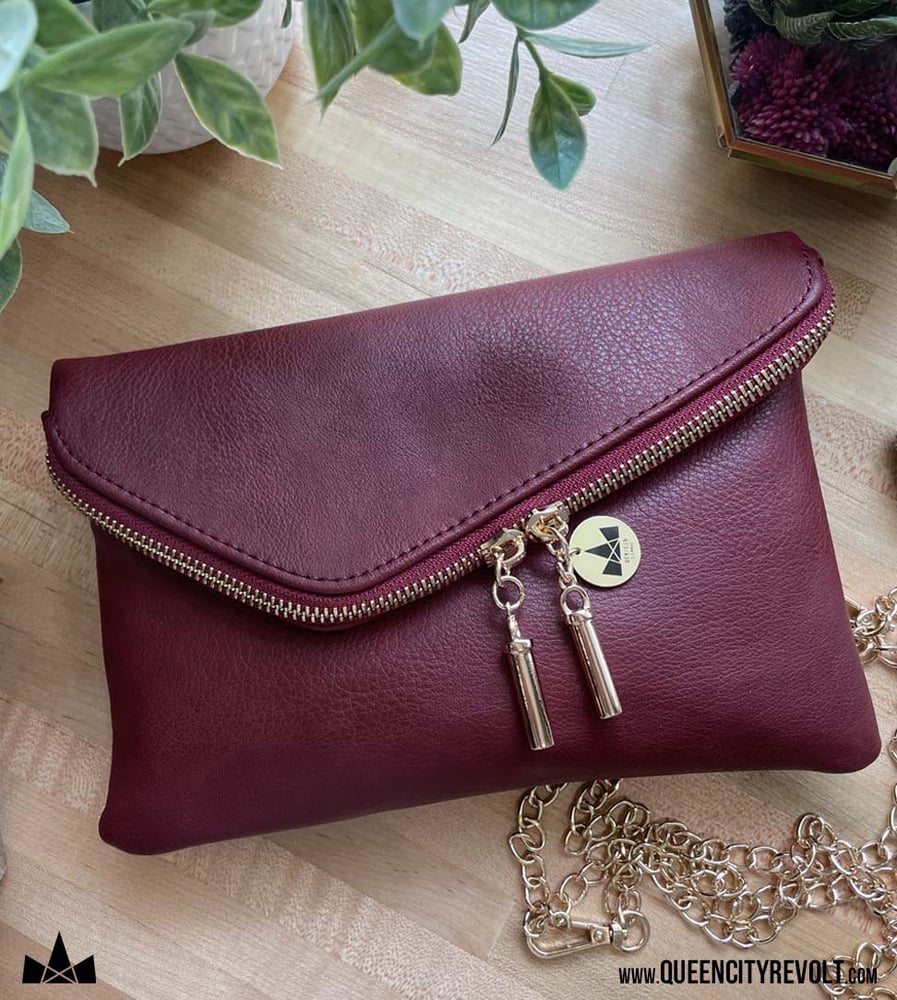 Image of Faux Leather Wristlet with Crossbody Chain Option, Burgundy