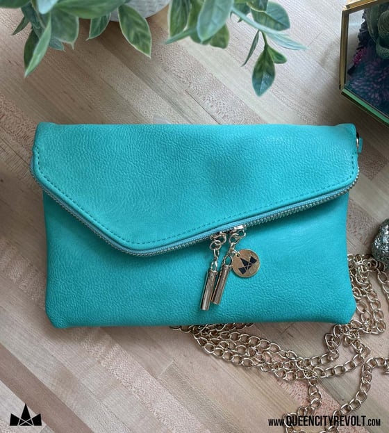 Image of Faux Leather Wristlet with Crossbody Chain Option, Teal