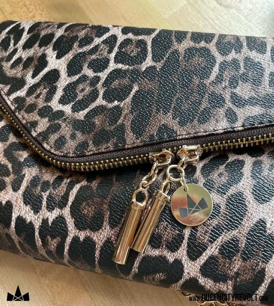 Image of Faux Leather Wristlet with Crossbody chain option, Brown Leopard