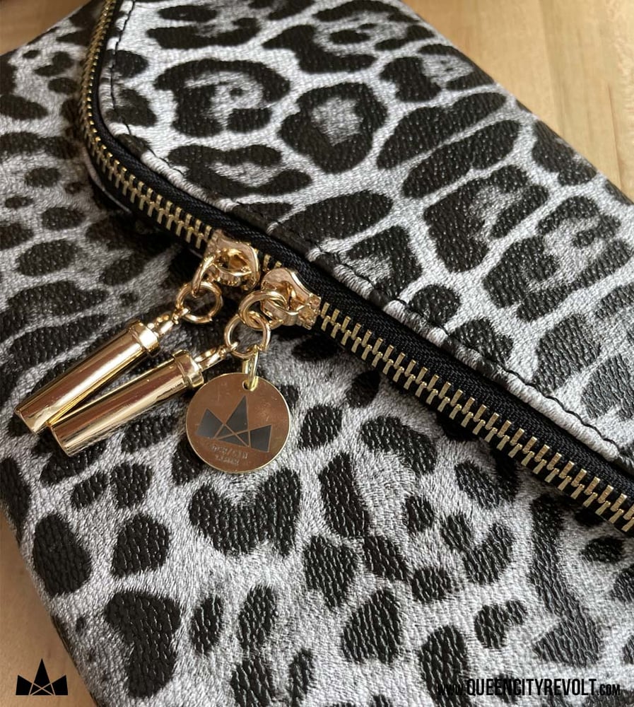 Image of Faux Leather Wristlet with Crossbody chain option, Black Leopard