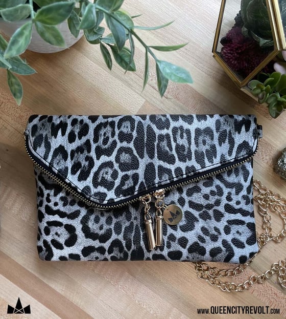 Image of Faux Leather Wristlet with Crossbody chain option, Black Leopard