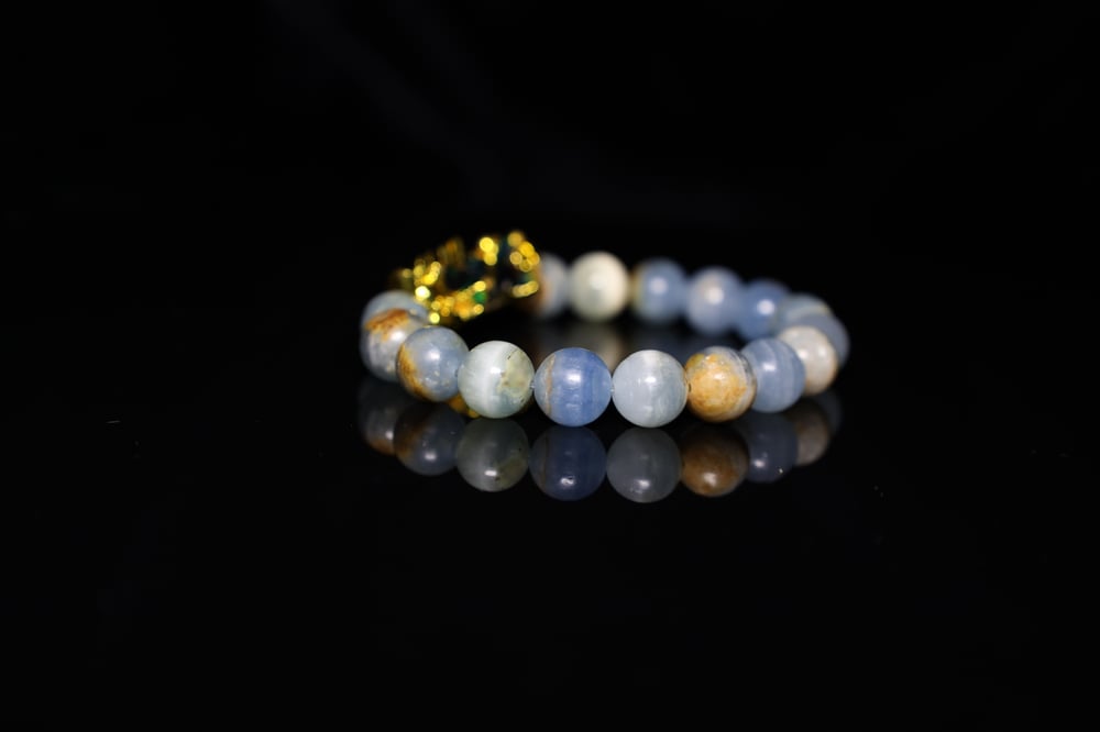 Handmade 10 mm Gold Metal Pixiu Mood Beads Rare Natural Argentina Lemurian Aquatine Calcite Aka Blue