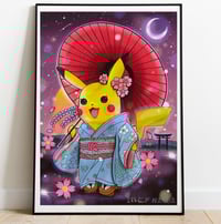 Image 1 of Pikachu Japanese art print. Cute Pikachu poster. Geisha.