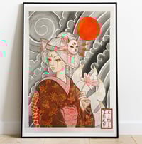 Image 1 of Japanese fox girl art. Kitsune girl print. Japanese wall art.