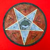 pentacle fire/gold/gray on wood disk