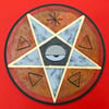 pentacle fire/gold/gray on wood disk (bevelled edge)