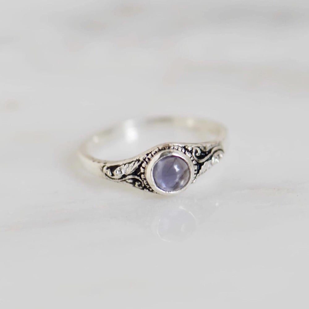 Image of Iolite cabochon cut vintage style silver ring