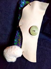 Image 3 of Off white leather clutch bag with crocheted front  and fuzzy heart bag charm