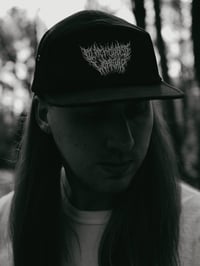 Image 5 of Embrodied Black Cross Worship BRUTAL text Logo Black Canvas 5 Panel Cap!
