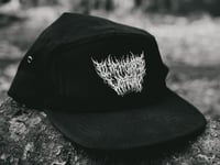 Image 1 of Embrodied Black Cross Worship BRUTAL text Logo Black Canvas 5 Panel Cap!