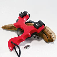 Image 2 of Slingshot, Red Textured HDPE Catapult, Right handed shooter, Survivalist, Gift for men