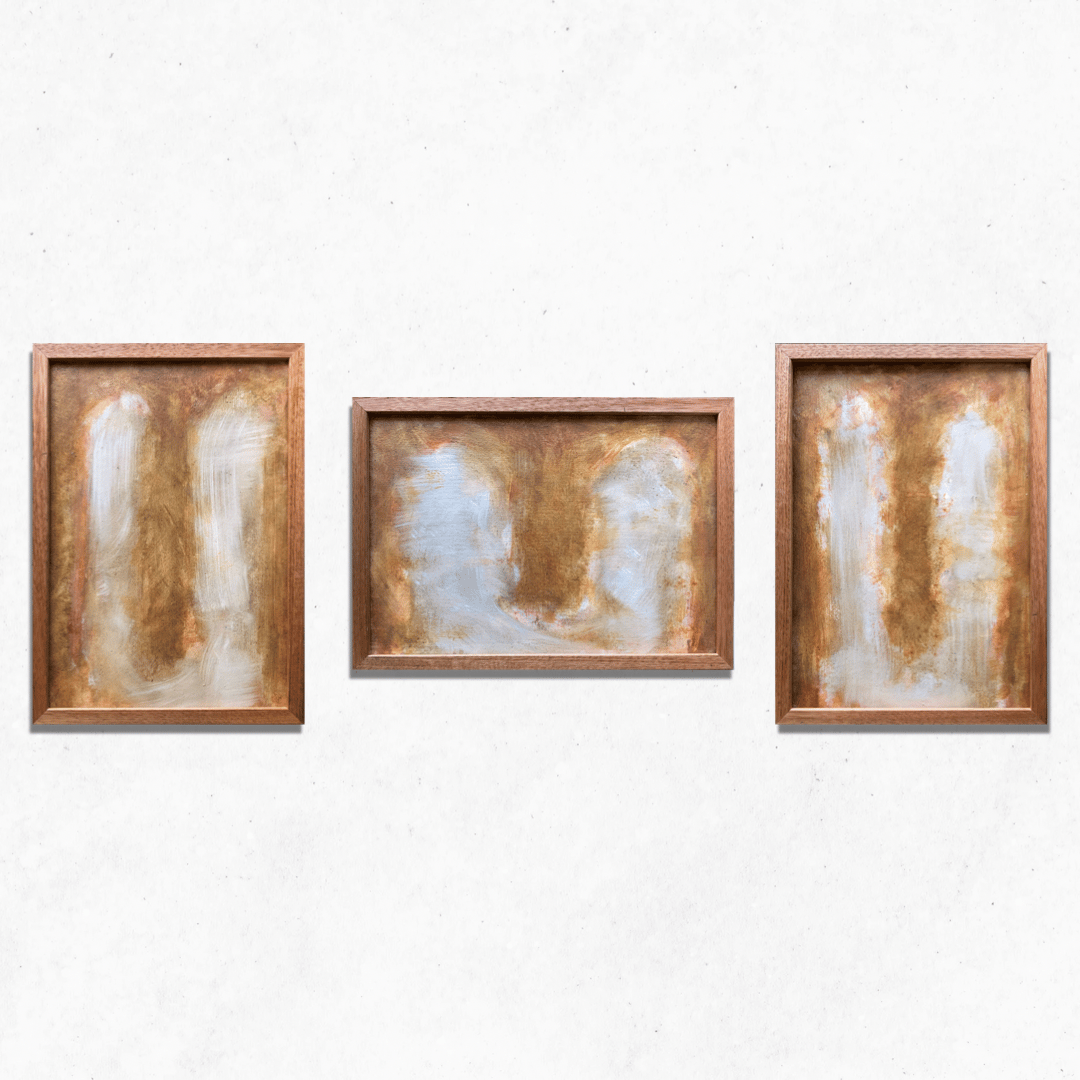 Oil on paper deep Yellow triptych 3 x A3 with oak frames