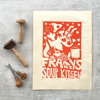 Handprinted poster in red